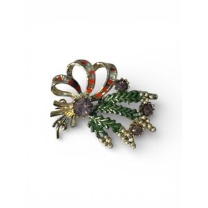 Vintage Signed Exquisite‎ Scottish Lucky Heather Purple Rhinestone Ribbon Brooch